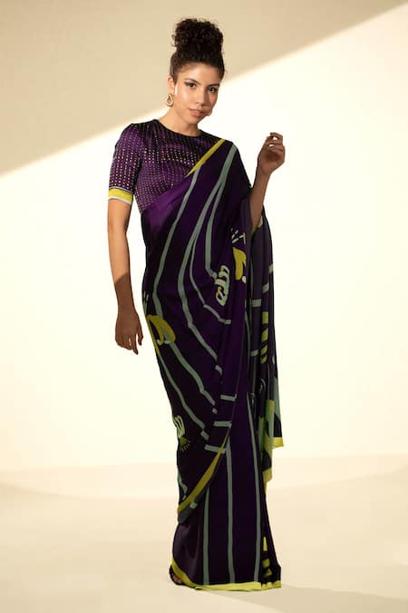 Buy Thee Modern Roots Purple Satin, Georgette Flower Stripe Print Saree With Unstitched Blouse Piece Online at Aza Fashions Buy_Thee Modern Roots_Purple Satin, Georgette Flower Stripe Print Saree With Unstitched Blouse Piece _Online_at_Aza_Fashions