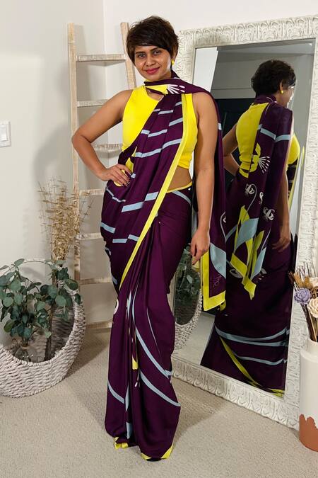 Shop Thee Modern Roots Purple Satin, Georgette Flower Stripe Print Saree With Unstitched Blouse Piece Shop_Thee Modern Roots_Purple Satin, Georgette Flower Stripe Print Saree With Unstitched Blouse Piece