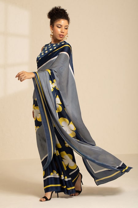 Shop Thee Modern Roots Blue Satin, Georgette Swirling Floral Print Saree With Unstitched Blouse Piece at Aza Fashions Shop_Thee Modern Roots_Blue Satin, Georgette Swirling Floral Print Saree With Unstitched Blouse Piece _at_Aza_Fashions