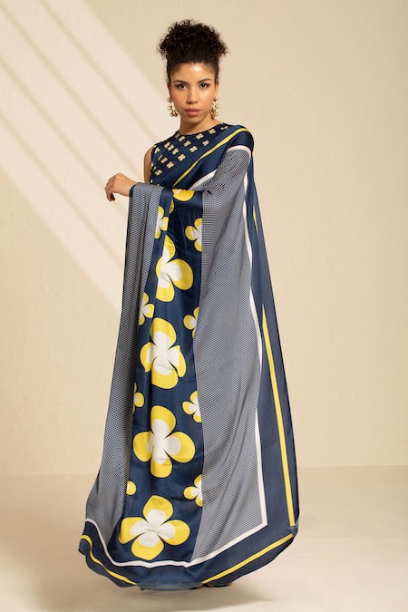 Thee Modern Roots Blue Satin, Georgette Swirling Floral Print Saree With Unstitched Blouse Piece Online at Aza Fashions Thee Modern Roots_Blue Satin, Georgette Swirling Floral Print Saree With Unstitched Blouse Piece _Online_at_Aza_Fashions
