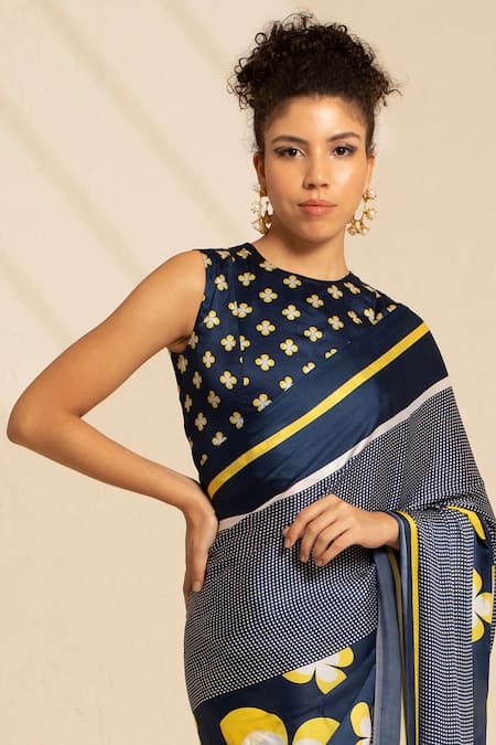 Buy Thee Modern Roots Blue Satin, Georgette Swirling Floral Print Saree With Unstitched Blouse Piece Online at Aza Fashions Buy_Thee Modern Roots_Blue Satin, Georgette Swirling Floral Print Saree With Unstitched Blouse Piece _Online_at_Aza_Fashions