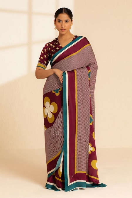 Thee Modern Roots Maroon Satin Georgette Printed Checkered Saree With Unstitched Blouse Piece 