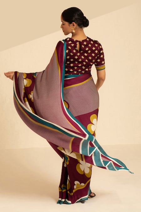 Shop Thee Modern Roots Maroon Satin, Georgette Checkered Print Saree With Unstitched Blouse Piece at Aza Fashions Shop_Thee Modern Roots_Maroon Satin, Georgette Checkered Print Saree With Unstitched Blouse Piece _at_Aza_Fashions