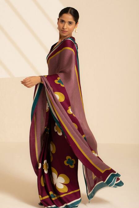 Shop Thee Modern Roots Maroon Satin, Georgette Checkered Print Saree With Unstitched Blouse Piece Online at Aza Fashions Shop_Thee Modern Roots_Maroon Satin, Georgette Checkered Print Saree With Unstitched Blouse Piece _Online_at_Aza_Fashions
