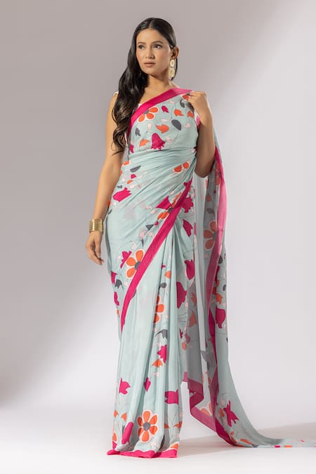 Shop_Thee Modern Roots_Green Crepe Florette Print Saree _at_Aza_Fashions