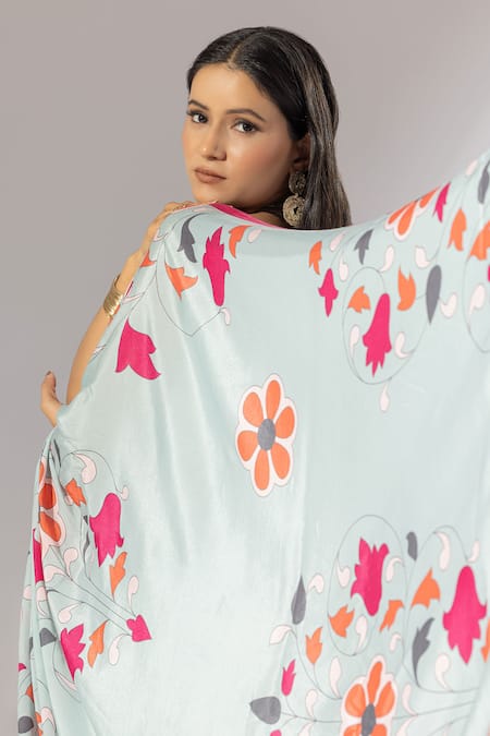 Shop_Thee Modern Roots_Green Crepe Florette Print Saree _Online_at_Aza_Fashions