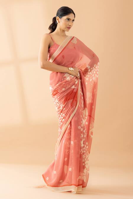 Buy Thee Modern Roots Peach Chiffon Sequins, Pearls Polka Dot Print Saree Online at Aza Fashions Buy_Thee Modern Roots_Peach Chiffon Sequins, Pearls Polka Dot Print Saree _Online_at_Aza_Fashions
