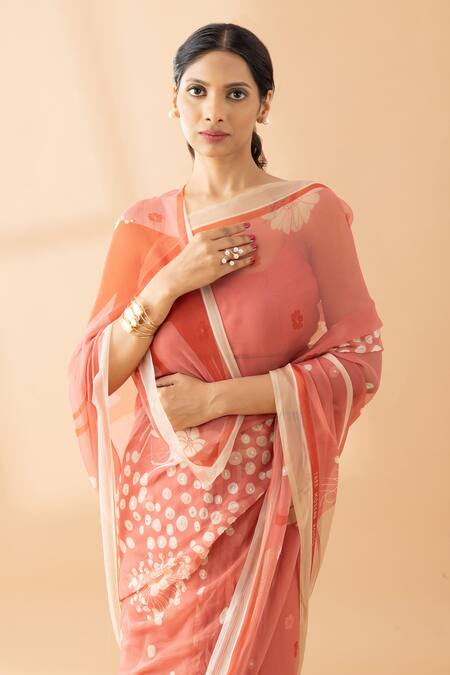 Shop Thee Modern Roots Peach Chiffon Sequins, Pearls Polka Dot Print Saree Online at Aza Fashions Shop_Thee Modern Roots_Peach Chiffon Sequins, Pearls Polka Dot Print Saree _Online_at_Aza_Fashions