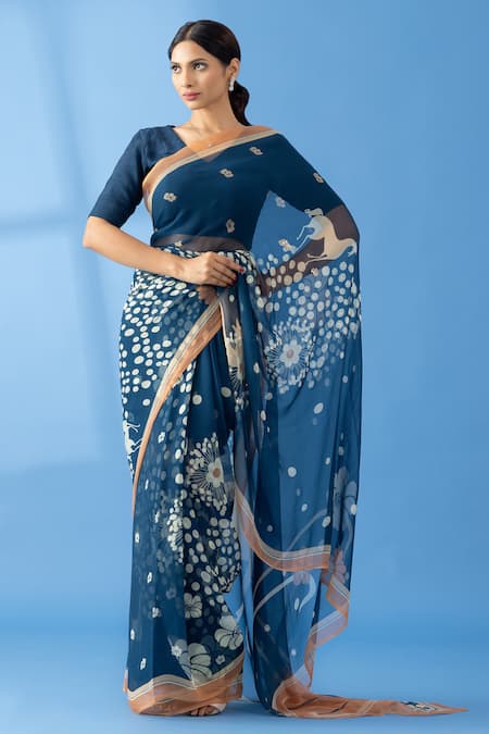 Thee Modern Roots Blue Chiffon Printed Polka Dot Floral Saree 