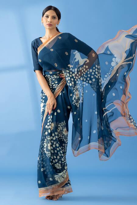 Thee Modern Roots_Blue Chiffon Sequins, Pearls Floral Print Saree _Online_at_Aza_Fashions