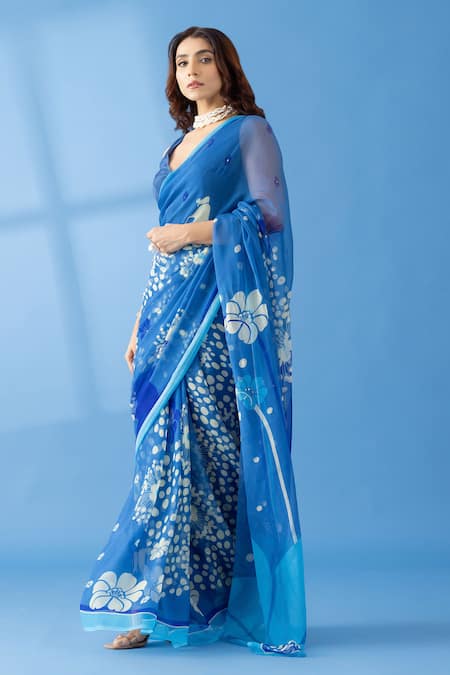 Thee Modern Roots_Blue Chiffon Sequins, Pearls Geometric Print Saree _Online_at_Aza_Fashions
