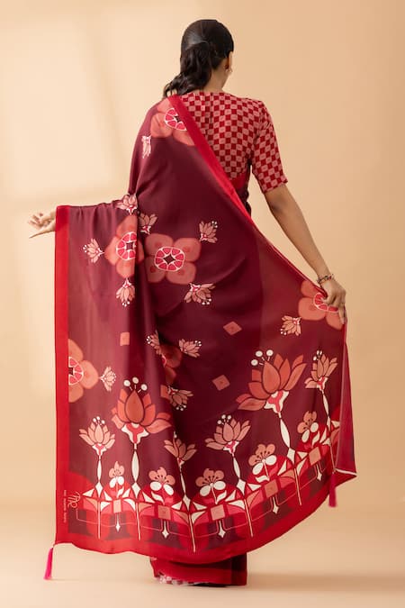 Shop Thee Modern Roots Maroon Crepe Lotus Flower Print Saree at Aza Fashions Shop_Thee Modern Roots_Maroon Crepe Lotus Flower Print Saree _at_Aza_Fashions