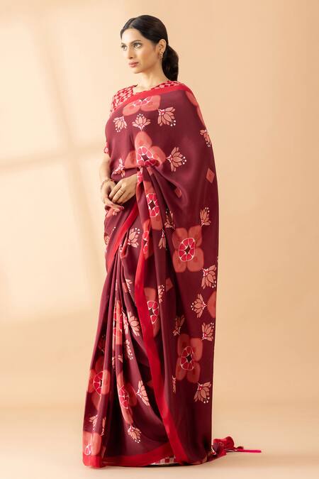 Shop Thee Modern Roots Maroon Crepe Lotus Flower Print Saree Online at Aza Fashions Shop_Thee Modern Roots_Maroon Crepe Lotus Flower Print Saree _Online_at_Aza_Fashions