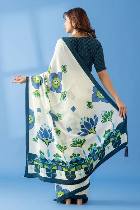 Shop_Thee Modern Roots_Ivory Crepe Abstract Floral Print Saree _at_Aza_Fashions