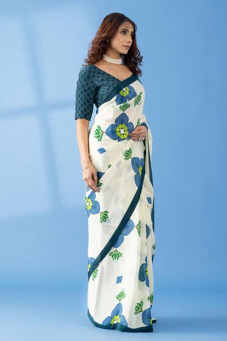 Thee Modern Roots_Ivory Crepe Abstract Floral Print Saree _Online_at_Aza_Fashions