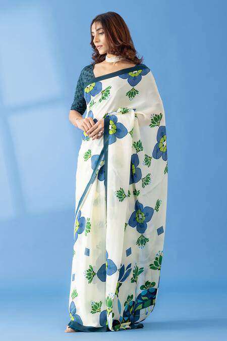 Buy_Thee Modern Roots_Ivory Crepe Abstract Floral Print Saree _Online_at_Aza_Fashions