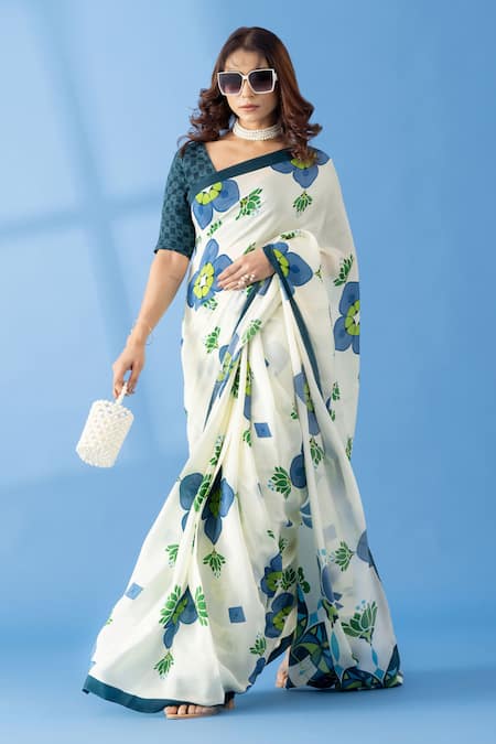 Shop_Thee Modern Roots_Ivory Crepe Abstract Floral Print Saree _Online_at_Aza_Fashions