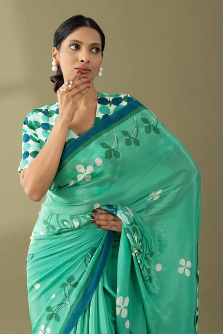 Shop Thee Modern Roots Green Crepe Sequins, Pearls Flower Vine Print Saree Online at Aza Fashions Shop_Thee Modern Roots_Green Crepe Sequins, Pearls Flower Vine Print Saree _Online_at_Aza_Fashions
