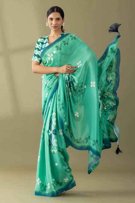 Thee Modern Roots Green Crepe Sequins, Pearls Flower Vine Print Saree at Aza Fashions Thee Modern Roots_Green Crepe Sequins, Pearls Flower Vine Print Saree _at_Aza_Fashions