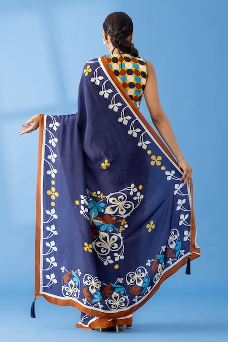 Shop Thee Modern Roots Blue Crepe Sequins, Pearls Floral Border Print Saree at Aza Fashions Shop_Thee Modern Roots_Blue Crepe Sequins, Pearls Floral Border Print Saree _at_Aza_Fashions