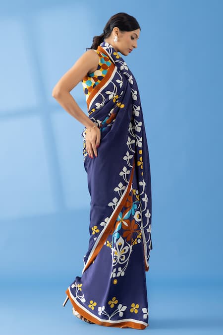 Thee Modern Roots Blue Crepe Sequins, Pearls Floral Border Print Saree Online at Aza Fashions Thee Modern Roots_Blue Crepe Sequins, Pearls Floral Border Print Saree _Online_at_Aza_Fashions