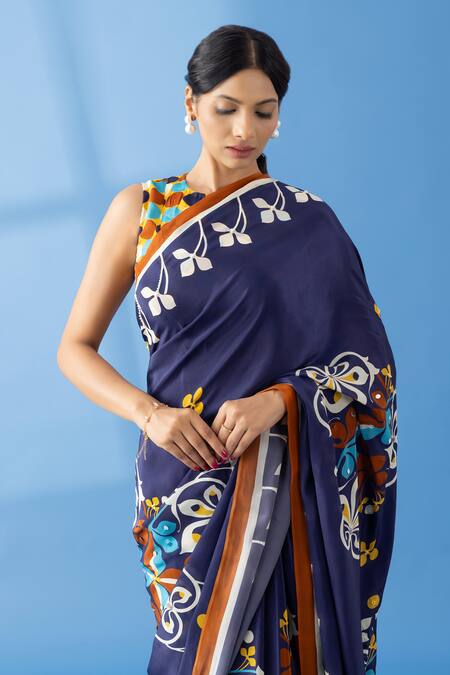 Shop Thee Modern Roots Blue Crepe Sequins, Pearls Floral Border Print Saree Online at Aza Fashions Shop_Thee Modern Roots_Blue Crepe Sequins, Pearls Floral Border Print Saree _Online_at_Aza_Fashions