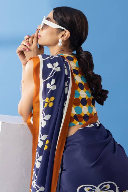 Thee Modern Roots Blue Crepe Sequins, Pearls Floral Border Print Saree at Aza Fashions Thee Modern Roots_Blue Crepe Sequins, Pearls Floral Border Print Saree _at_Aza_Fashions