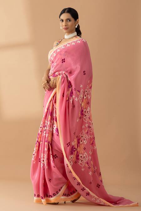 Thee Modern Roots_Coral Crepe Pearls, Sequins Mughal Print Saree _Online_at_Aza_Fashions