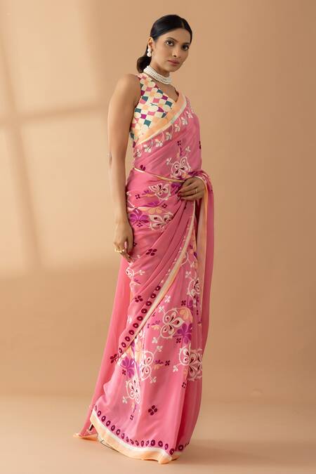Buy_Thee Modern Roots_Coral Crepe Pearls, Sequins Mughal Print Saree _Online_at_Aza_Fashions
