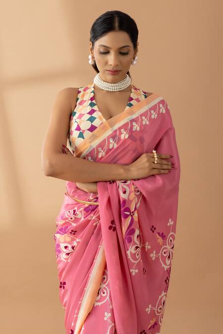 Shop_Thee Modern Roots_Coral Crepe Pearls, Sequins Mughal Print Saree _Online_at_Aza_Fashions