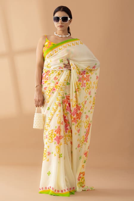 Thee Modern Roots Cream Crepe Printed Spring Floral Saree 