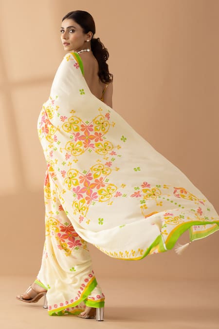 Shop_Thee Modern Roots_Cream Crepe Sequins, Pearls Spring Floral Saree _at_Aza_Fashions