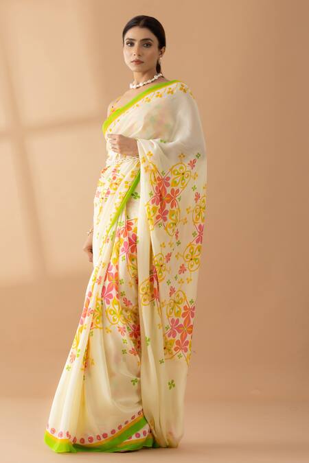 Thee Modern Roots_Cream Crepe Sequins, Pearls Spring Floral Saree _Online_at_Aza_Fashions