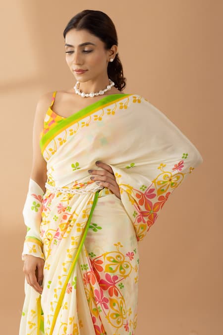 Shop_Thee Modern Roots_Cream Crepe Sequins, Pearls Spring Floral Saree _Online_at_Aza_Fashions