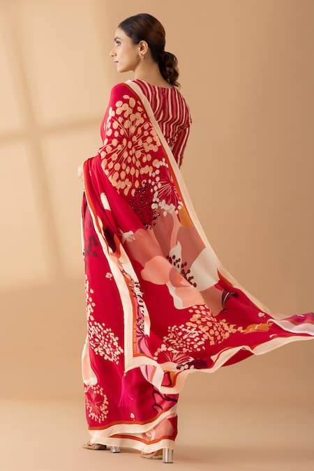 Shop Thee Modern Roots Red Crepe Pearls, Sequins Botanical Print Saree at Aza Fashions Shop_Thee Modern Roots_Red Crepe Pearls, Sequins Botanical Print Saree _at_Aza_Fashions
