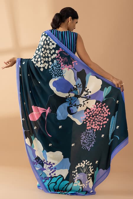 Shop Thee Modern Roots Blue Crepe Sequins, Pearls Midnight Garden Print Saree at Aza Fashions Shop_Thee Modern Roots_Blue Crepe Sequins, Pearls Midnight Garden Print Saree _at_Aza_Fashions
