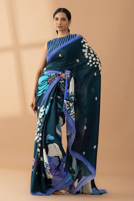 Thee Modern Roots Blue Crepe Sequins, Pearls Midnight Garden Print Saree Online at Aza Fashions Thee Modern Roots_Blue Crepe Sequins, Pearls Midnight Garden Print Saree _Online_at_Aza_Fashions