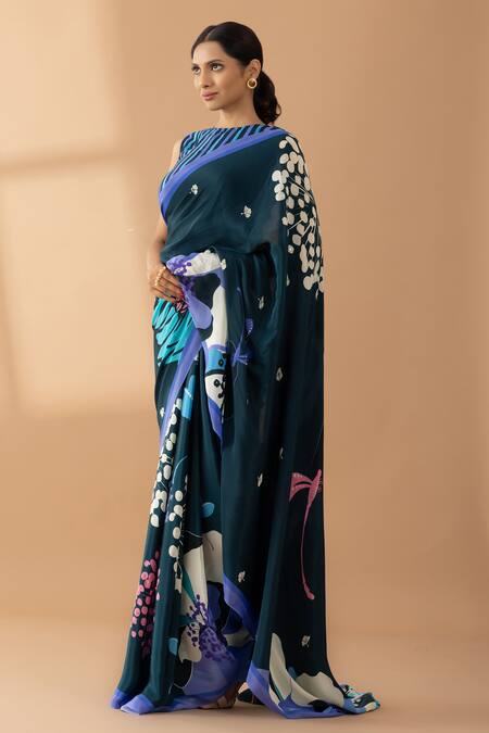 Buy Thee Modern Roots Blue Crepe Sequins, Pearls Midnight Garden Print Saree Online at Aza Fashions Buy_Thee Modern Roots_Blue Crepe Sequins, Pearls Midnight Garden Print Saree _Online_at_Aza_Fashions
