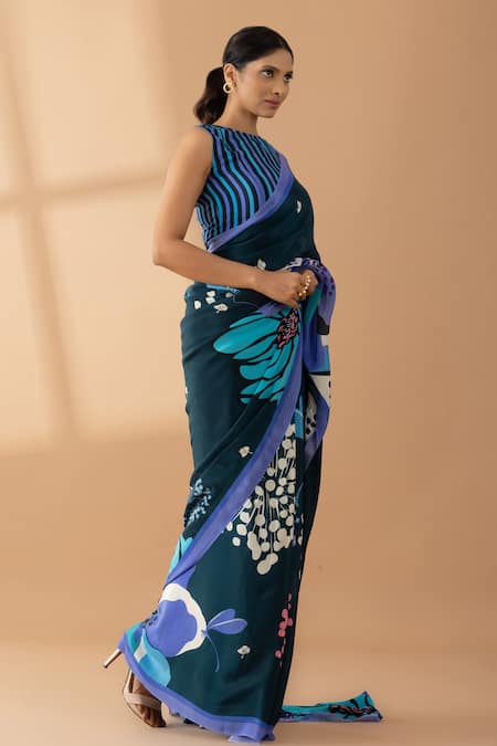 Shop Thee Modern Roots Blue Crepe Sequins, Pearls Midnight Garden Print Saree Online at Aza Fashions Shop_Thee Modern Roots_Blue Crepe Sequins, Pearls Midnight Garden Print Saree _Online_at_Aza_Fashions