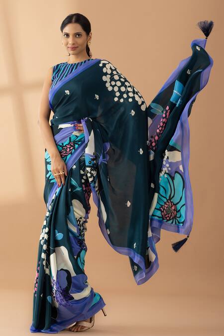 Thee Modern Roots Blue Crepe Sequins, Pearls Midnight Garden Print Saree at Aza Fashions Thee Modern Roots_Blue Crepe Sequins, Pearls Midnight Garden Print Saree _at_Aza_Fashions