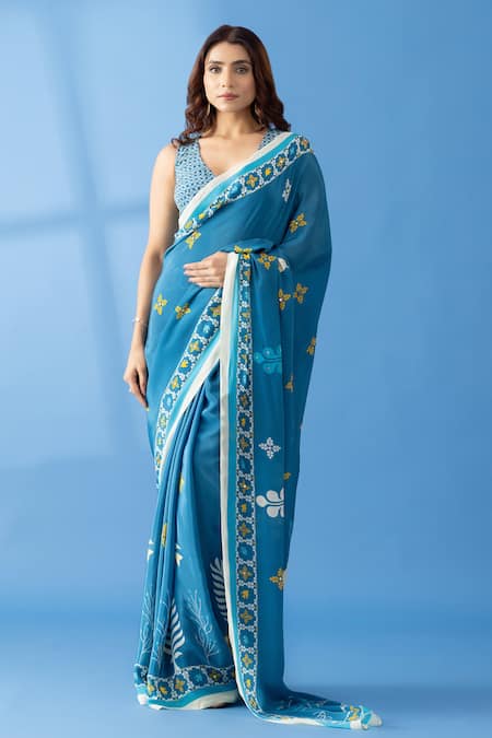 Thee Modern Roots Blue Crepe Printed Abstract Saree 