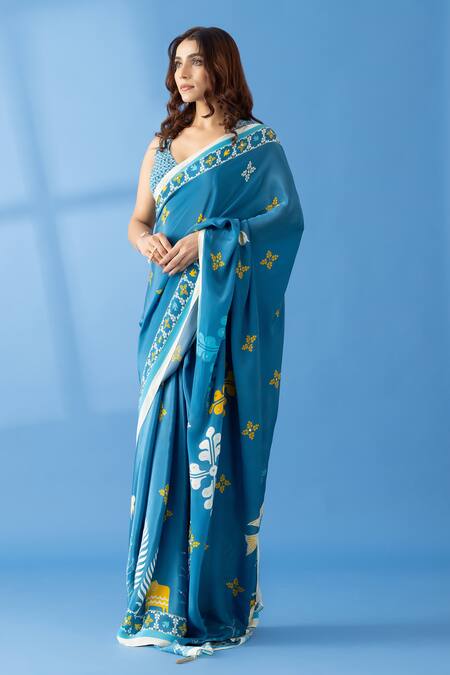 Thee Modern Roots Blue Crepe Sequins, Pearls Abstract Print Saree Online at Aza Fashions Thee Modern Roots_Blue Crepe Sequins, Pearls Abstract Print Saree _Online_at_Aza_Fashions