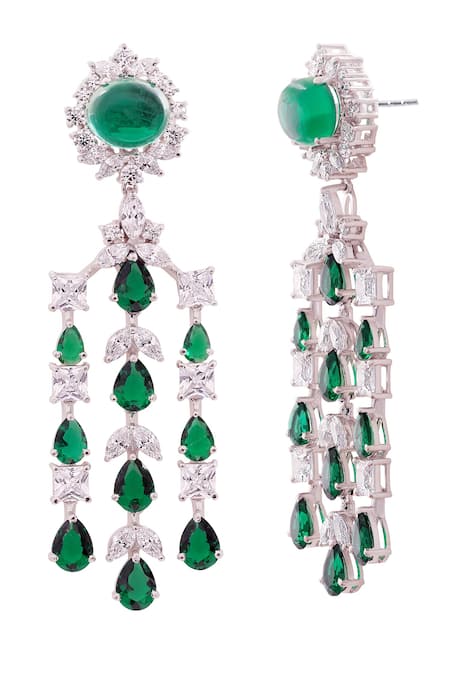 Prata_Green Stones, Crystals Verdure Grace Studded Earrings _Online_at_Aza_Fashions