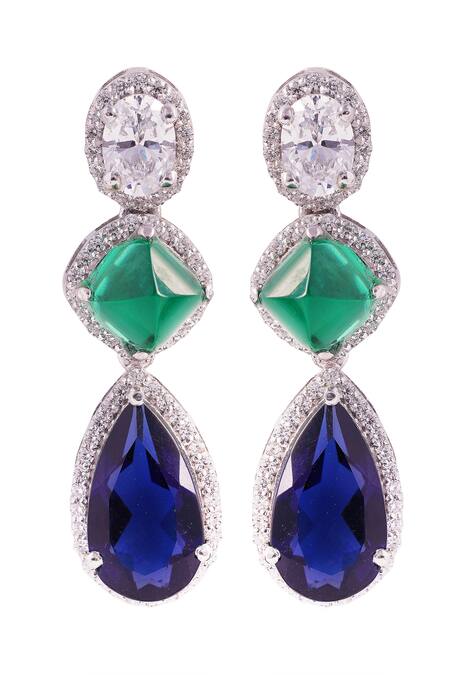 Prata_Green Stones, Zari Glintwave Spark Earrings _Online_at_Aza_Fashions