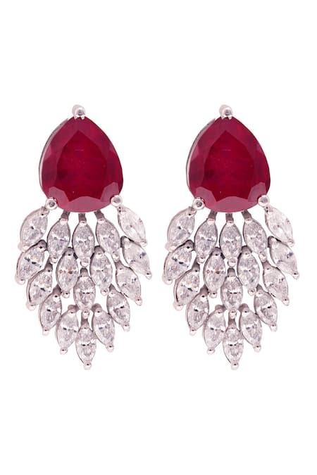 Prata Red Stone Selene Embellished Drop Earrings 
