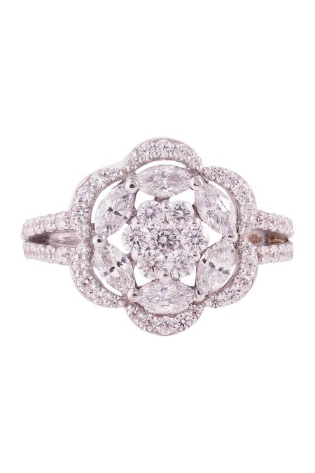 Prata_White Stone Cloris Rosette Embellished Ring _Online_at_Aza_Fashions
