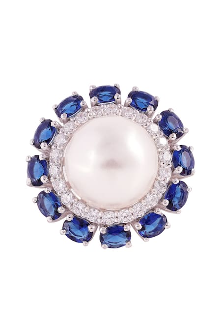 Shop Prata Blue Pearls, Crystals, Stones Crown Ring at Aza Fashions Shop_Prata_Blue Pearls, Crystals, Stones Crown Ring _at_Aza_Fashions