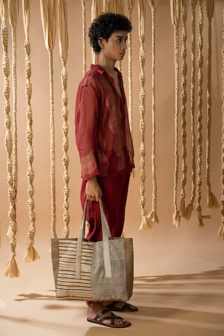 Banana Labs_Maroon Cotton Embroidery Handblock Print Shirt With Pant _Online_at_Aza_Fashions