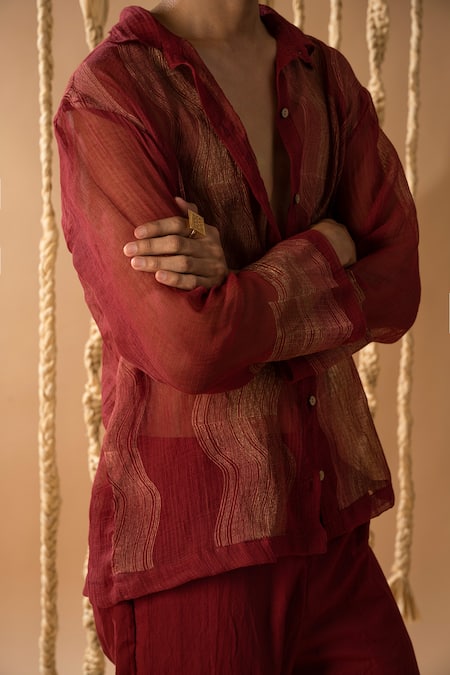 Buy_Banana Labs_Maroon Cotton Embroidery Handblock Print Shirt With Pant _Online_at_Aza_Fashions