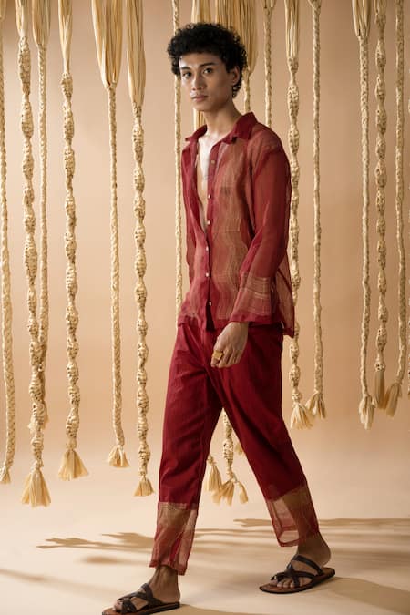 Shop_Banana Labs_Maroon Cotton Embroidery Handblock Print Shirt With Pant _Online_at_Aza_Fashions